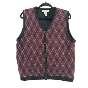Vintage Cabin Creek Sweater Vest L Burgundy Argyle Knit Button Front  90s Grunge